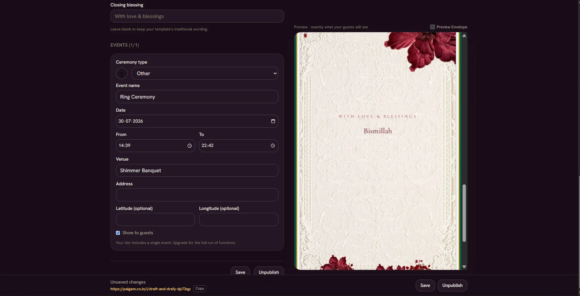 The events section of the Paigam studio, with ceremony type, timings, venue and map coordinates
