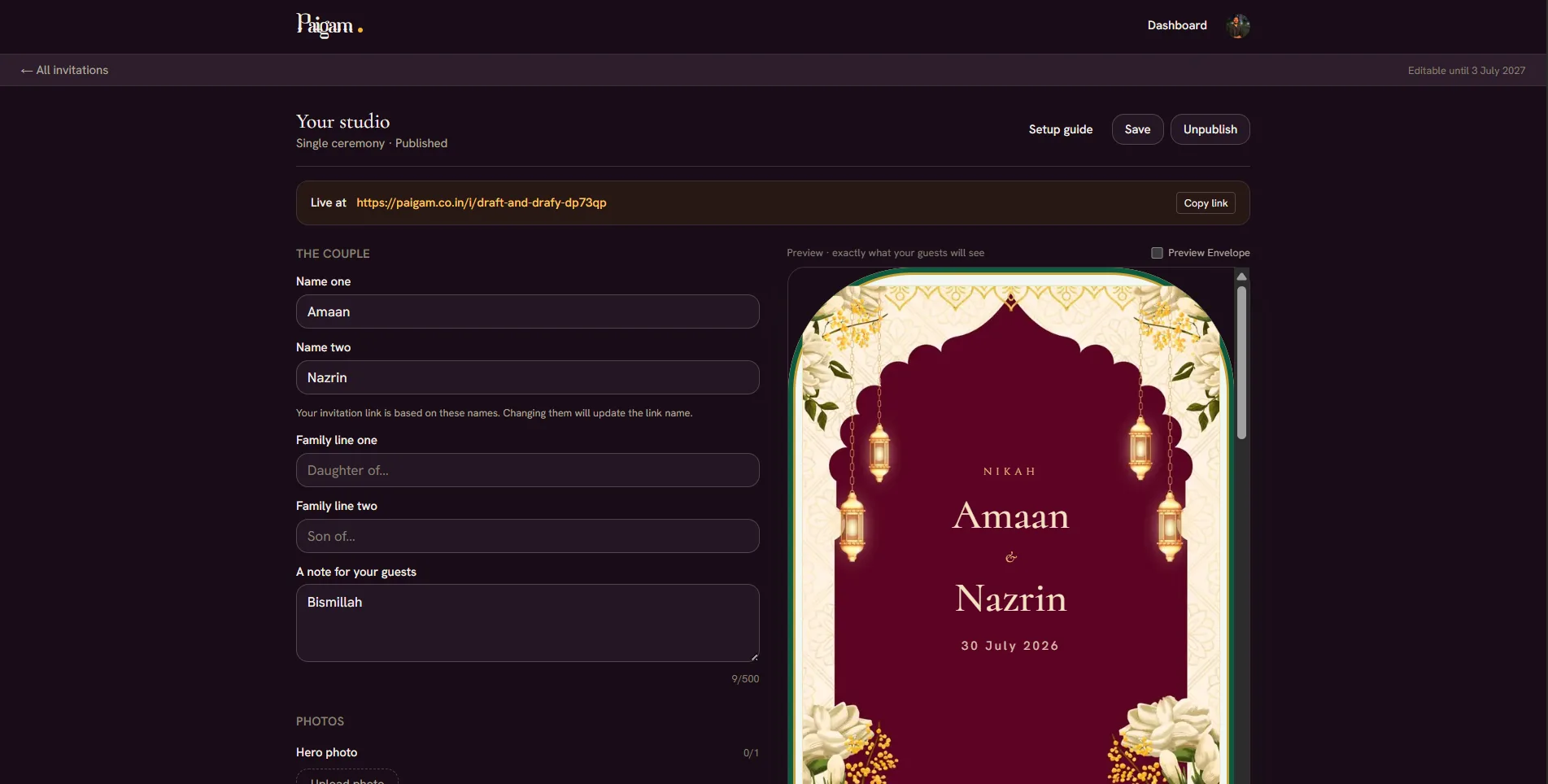 The Paigam studio: a form on the left with the couple's names, and a live invitation preview on the right