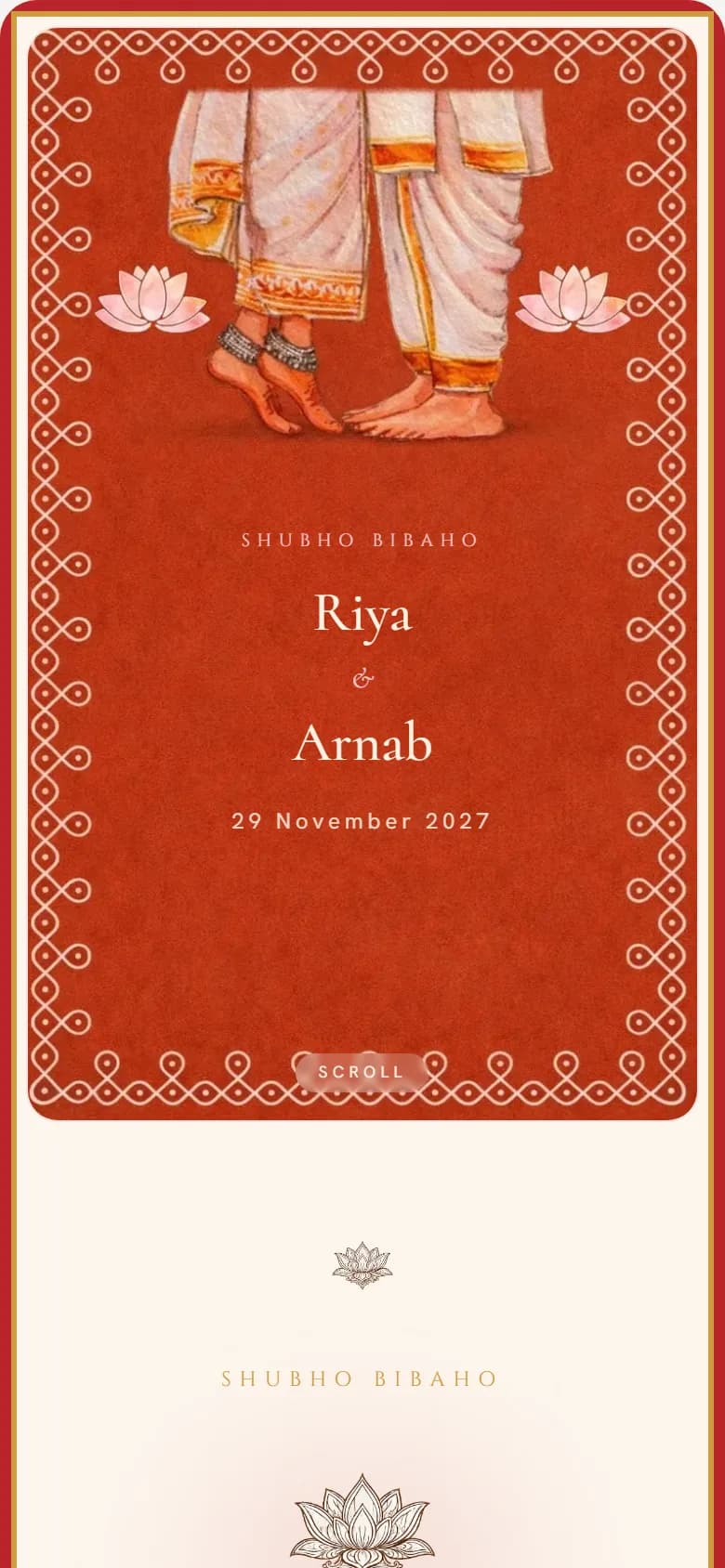 The Alpana template: sindoor red and conch white, drawn from Bengali alpana courtyards