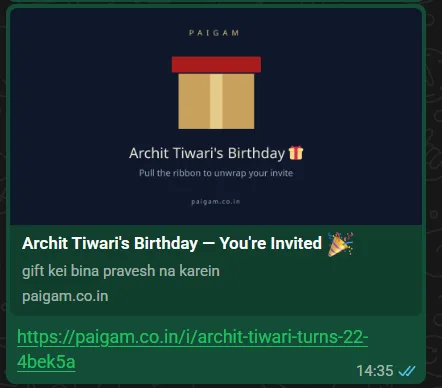 A Paigam birthday invitation link in WhatsApp, rendering a gift-box preview card