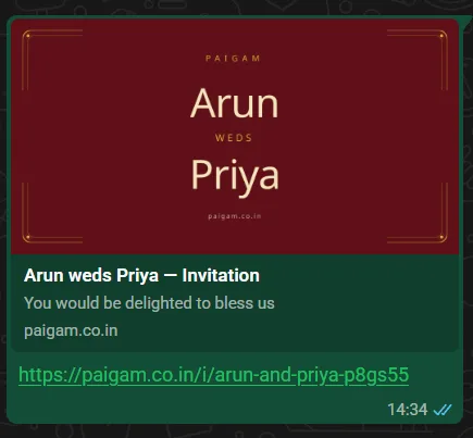 A Paigam wedding invitation link pasted into a WhatsApp chat, rendering a maroon and gold preview card with both names