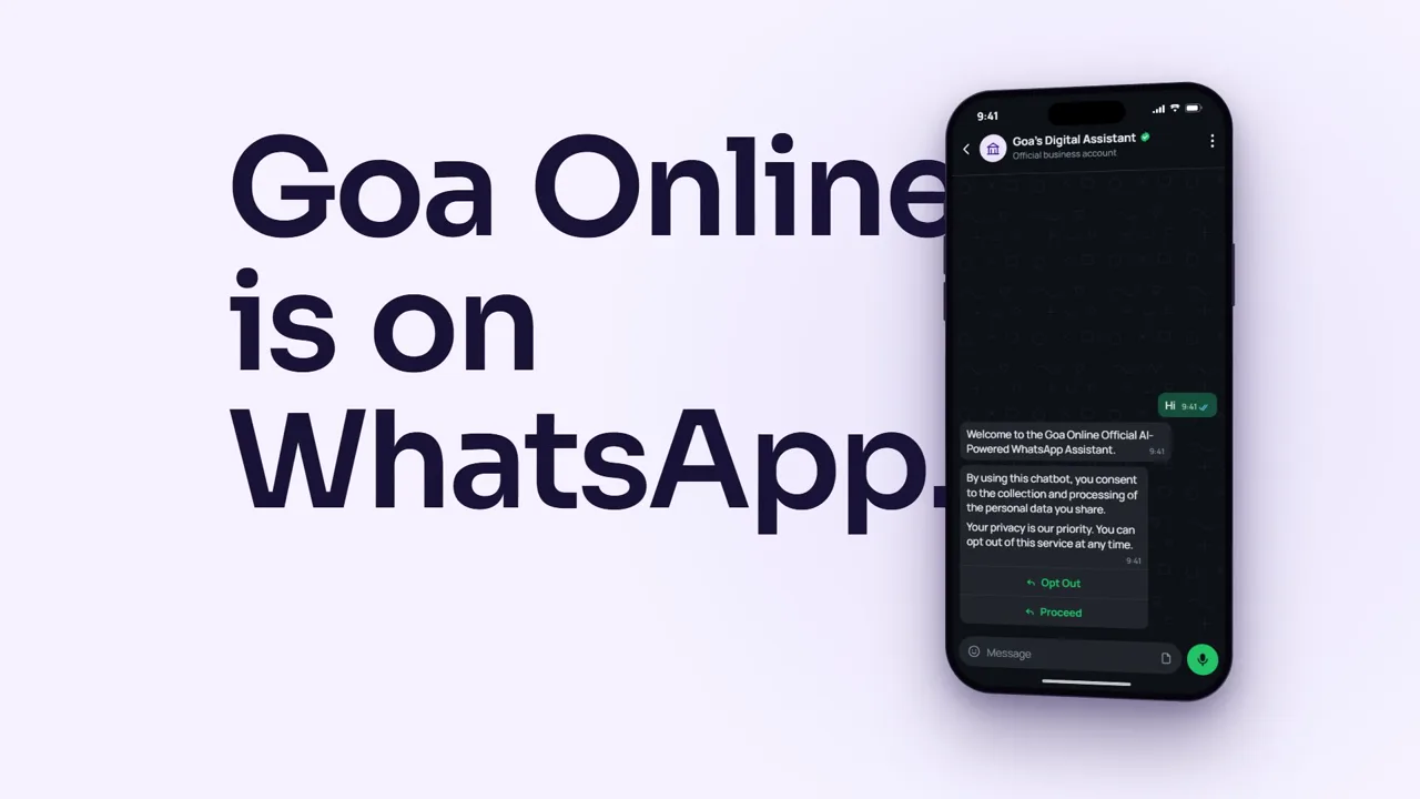 Still from the citizen cut: “Goa Online is on WhatsApp.” in large dark type on pale lavender, beside a phone showing the assistant's welcome message