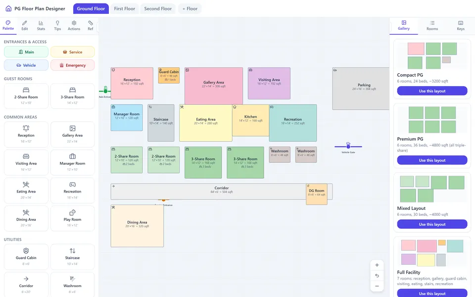 Floor Planner: room palette, canvas and layout gallery