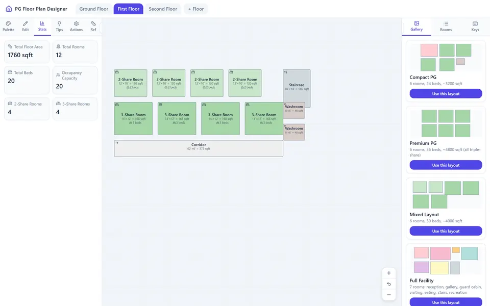 Floor Planner: the first floor with its stats