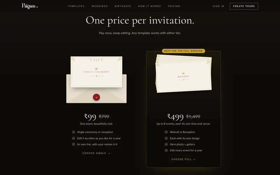 Paigam pricing: one price per invitation